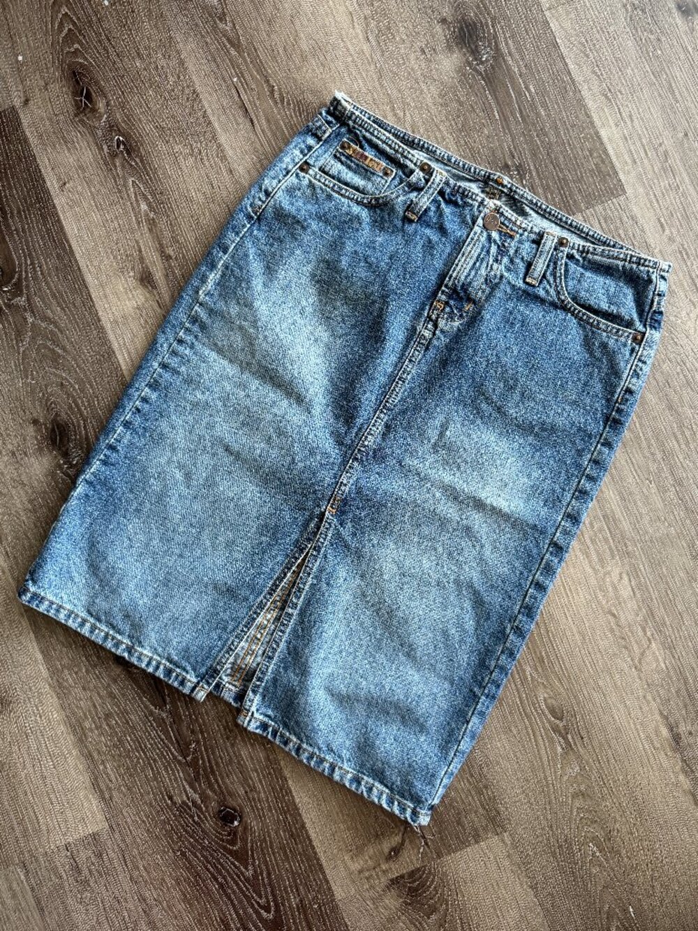 Vtg 90s LEI stonewashed cotton denim knee length front slit denim skirt / sz 7